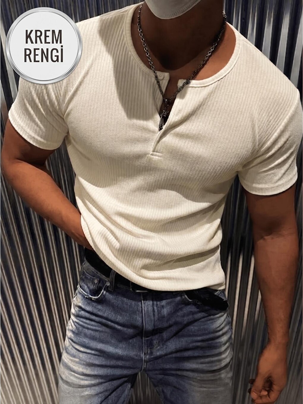 Ekru San Loe Erkek Slim Fit Elastanlı Henley Yaka Kısa Kollu Tişört - Düğmeli Esnek Kumaş-1