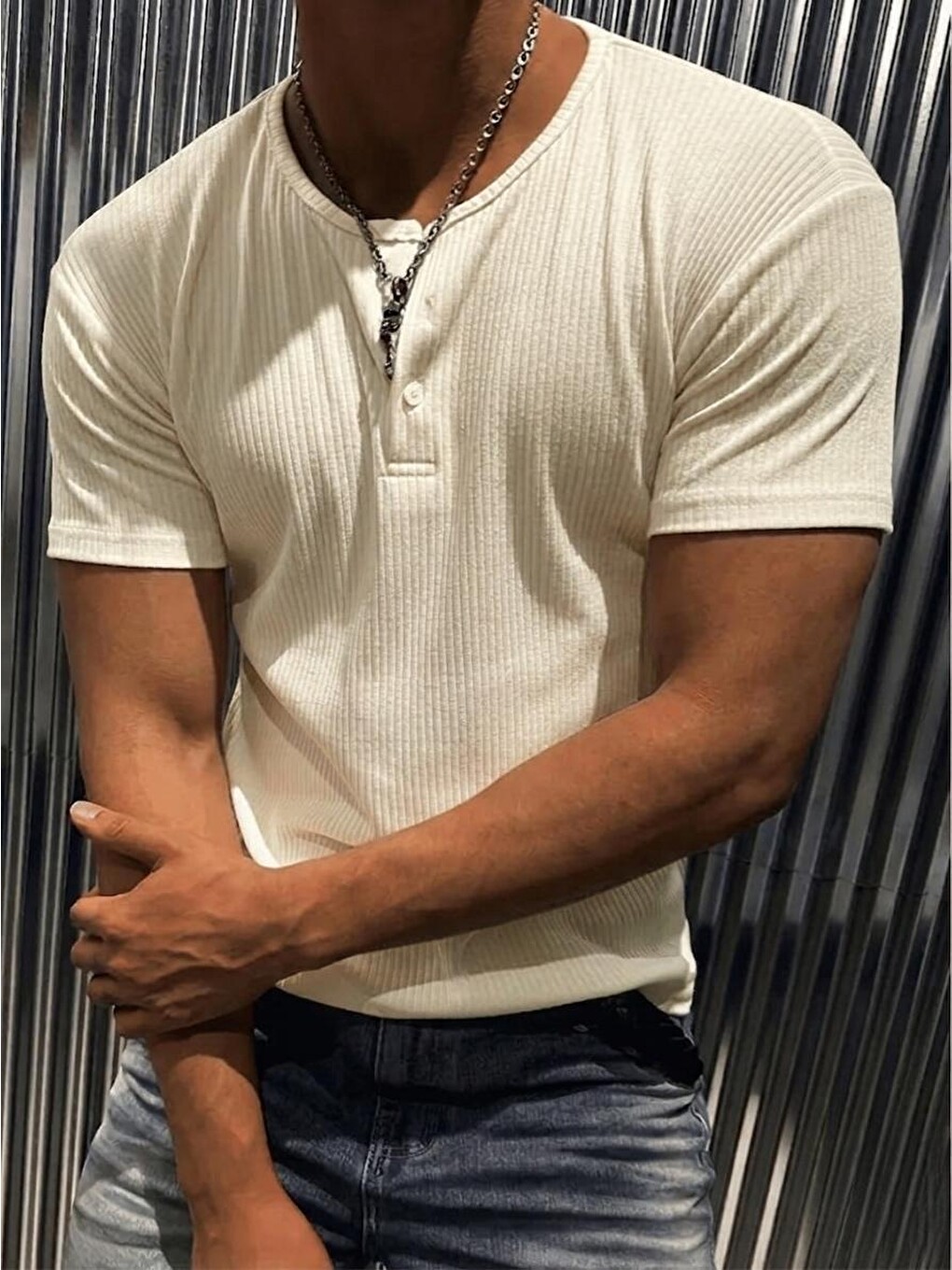 Ekru San Loe Erkek Slim Fit Elastanlı Henley Yaka Kısa Kollu Tişört - Düğmeli Esnek Kumaş-2