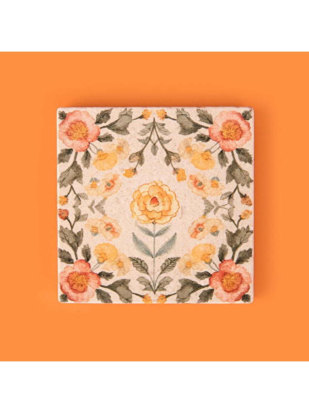 Karışık Kitchen Turuncu Çiçekli Taş Bardak Altlığı - Renkli - 10x10 cm