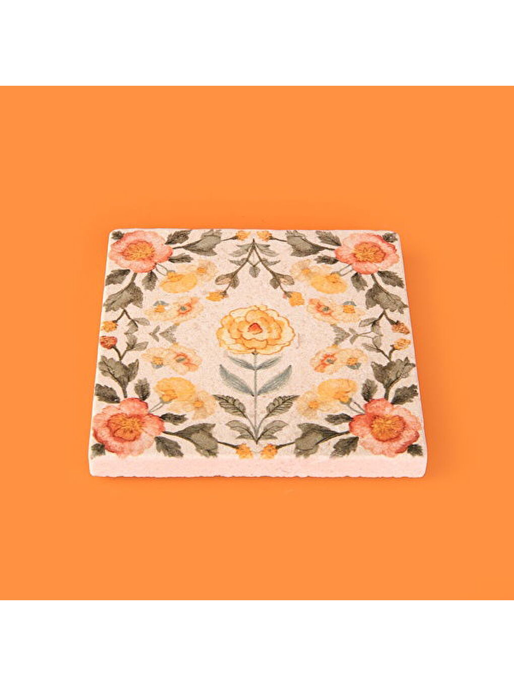 Karışık Kitchen Turuncu Çiçekli Taş Bardak Altlığı - Renkli - 10x10 cm-1