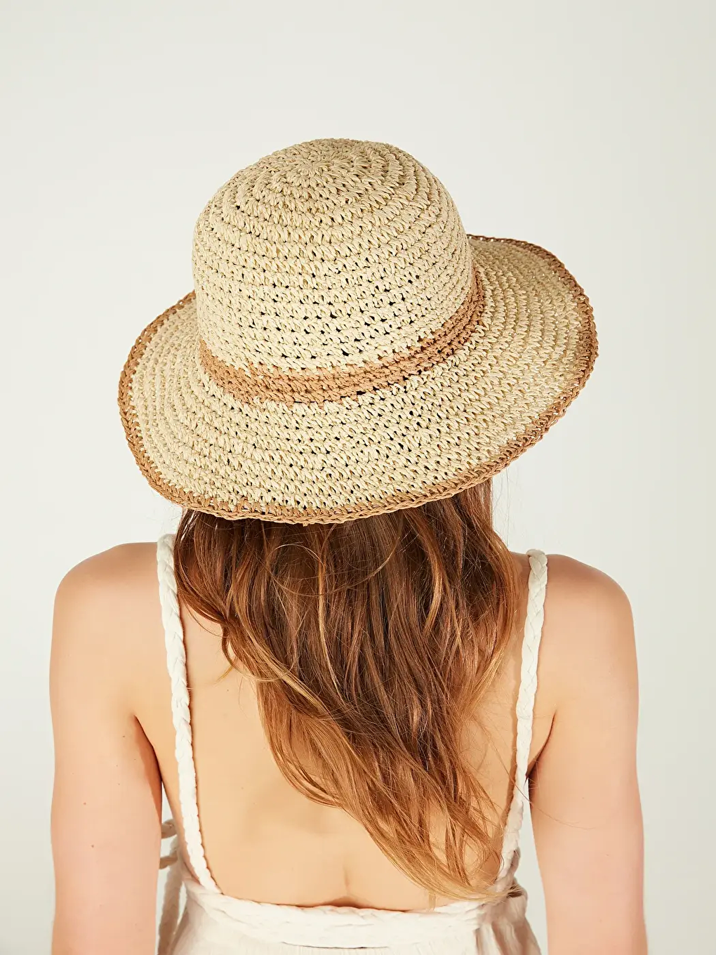 Bej El Örgüsü Hasır Plaj Şapkası Geniş Kenarlı Renk Geçiş Detaylı Güneş Koruma Şapkası HSR2099-1