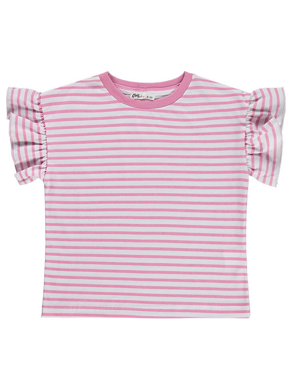 Girls Çizgili Volan Kol 10-13 Yaş Tişört - Pembe