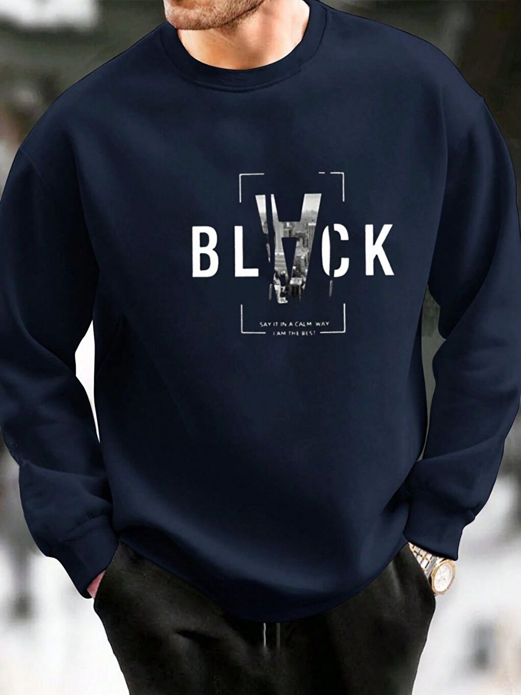 Lacivert Laci Black Baskılı Bisiklet Yaka Sweatshirt