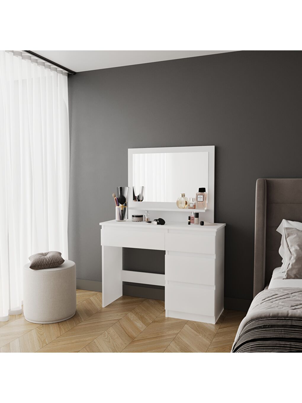 Dora Aynalı Makyaj Masası - Beyaz - 73x37x100 cm-2