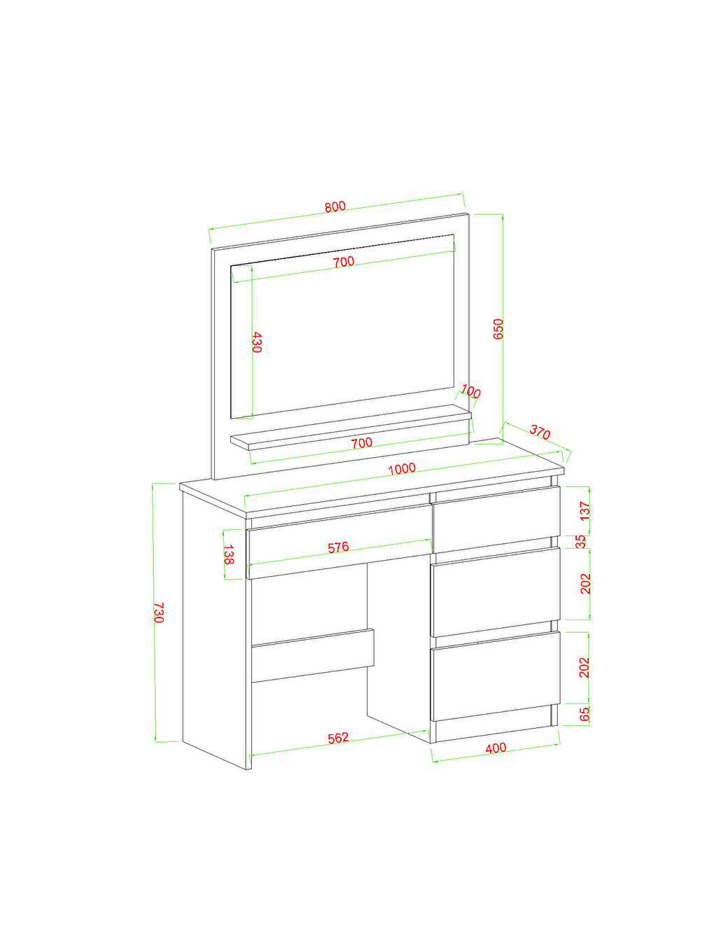 Dora Aynalı Makyaj Masası - Beyaz - 73x37x100 cm-3
