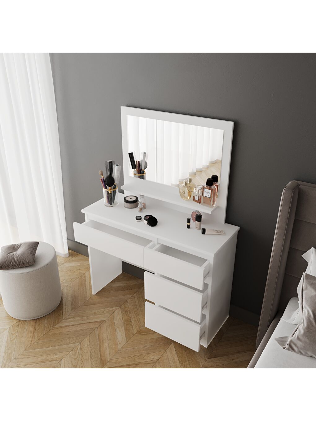 Dora Aynalı Makyaj Masası - Beyaz - 73x37x100 cm-4
