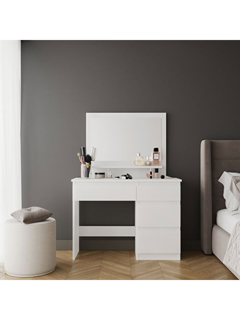 Dora Aynalı Makyaj Masası - Beyaz - 73x37x100 cm-5