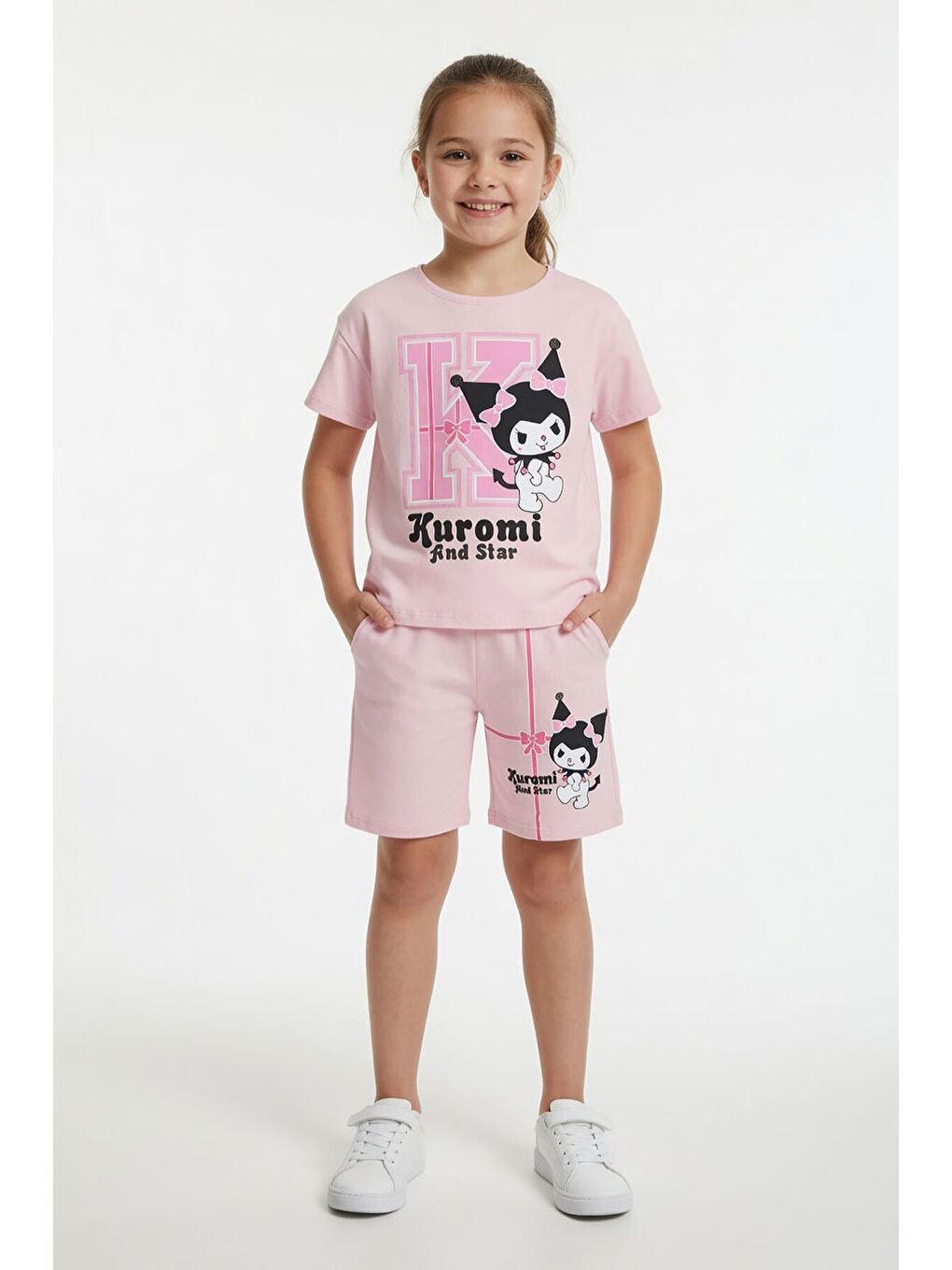 Pembe Pudra Sevimli Tavşan Baskı Bisiklet Yaka Kız Çocuk Şortlu Takım 23948