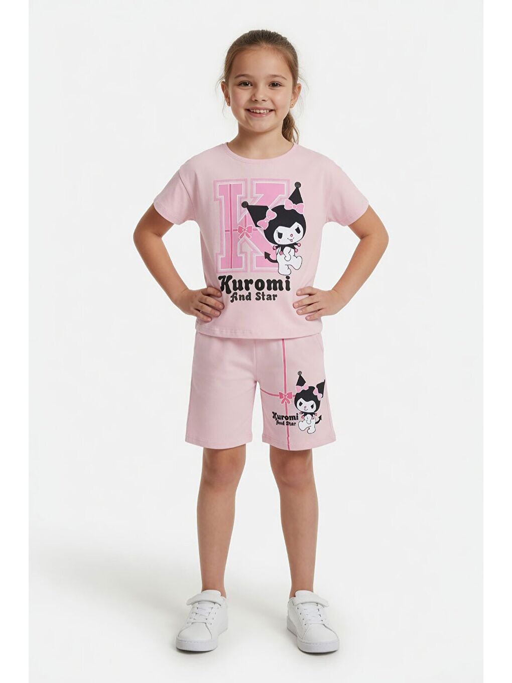 Pembe Pudra Sevimli Tavşan Baskı Bisiklet Yaka Kız Çocuk Şortlu Takım 23948-1