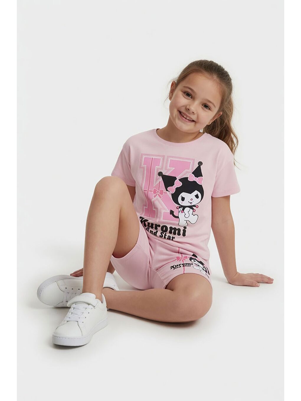 Pembe Pudra Sevimli Tavşan Baskı Bisiklet Yaka Kız Çocuk Şortlu Takım 23948-2