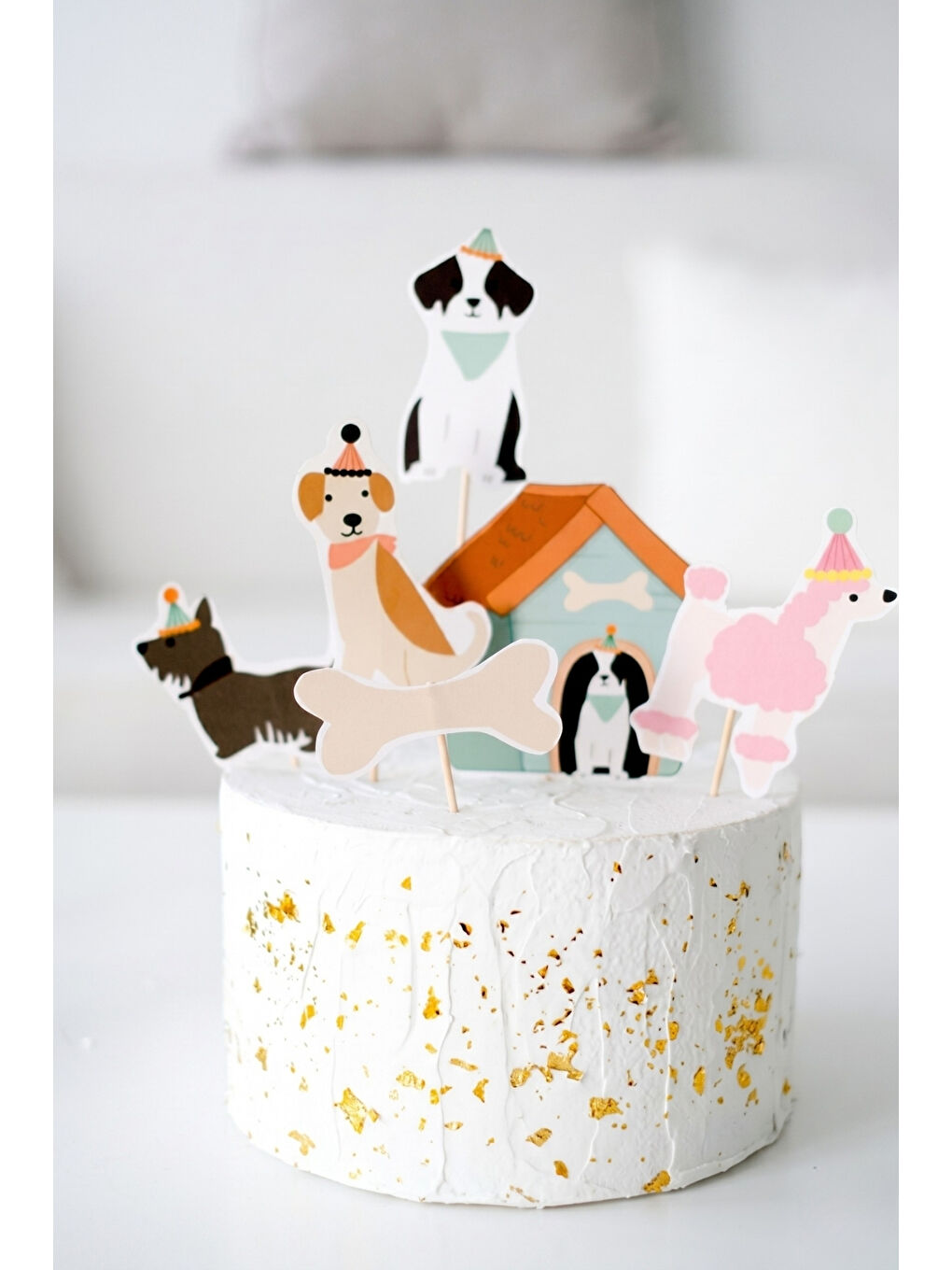 Karışık Çok Renkli Köpek Dostalarımız Temalı 6'lı Uzun Kürdan Pasta Süsü