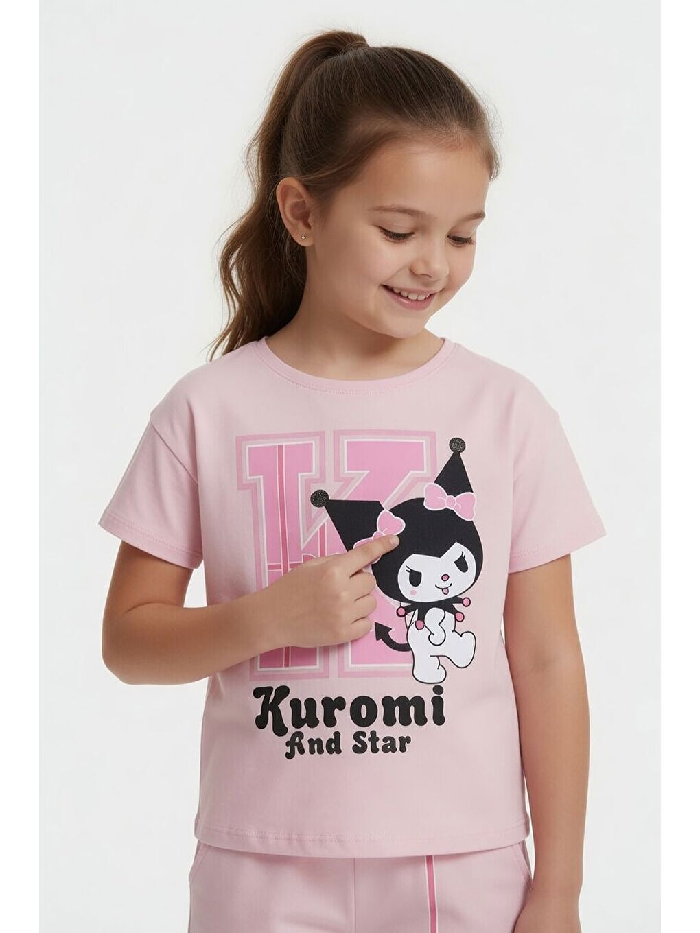 Pembe Pudra Sevimli Tavşan Baskı Bisiklet Yaka Kız Çocuk Şortlu Takım 23948-3