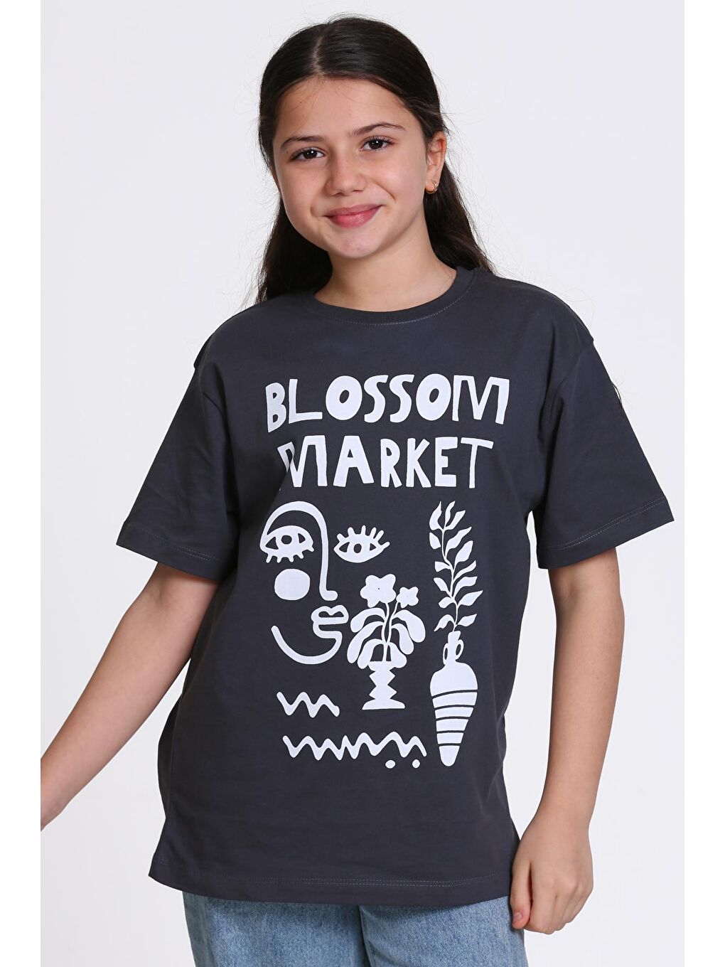 Antrasit Blossom Market Baskılı 4-12 Yaş Tişört - 2430-3