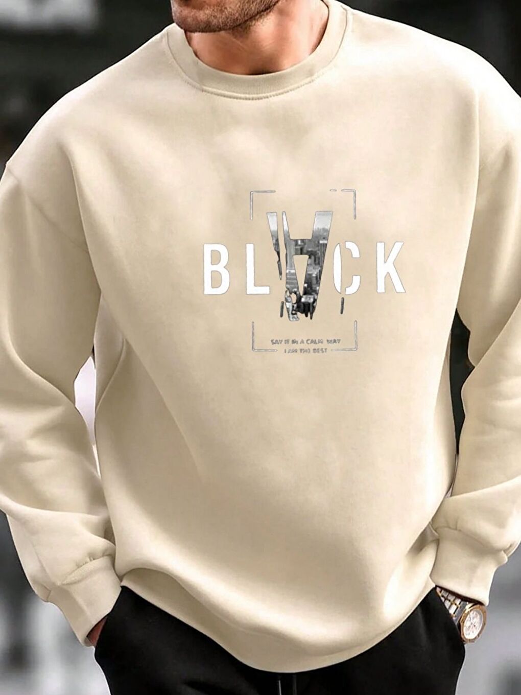 Bej Black Baskılı Bisiklet Yaka Sweatshirt