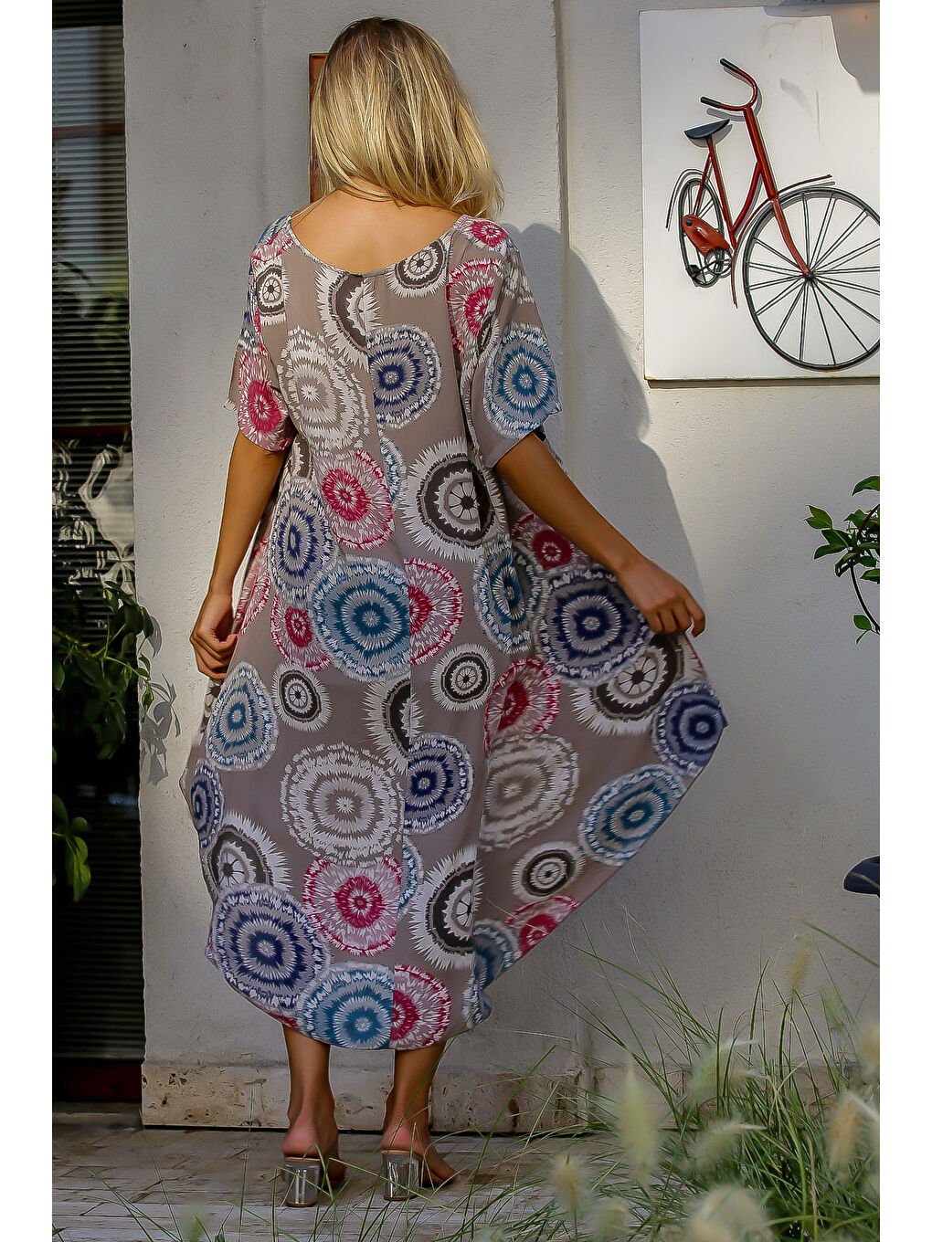 İtalyan Haki Yuvarlak Yaka Kısa Kol Desenli Dokuma Elbise-7