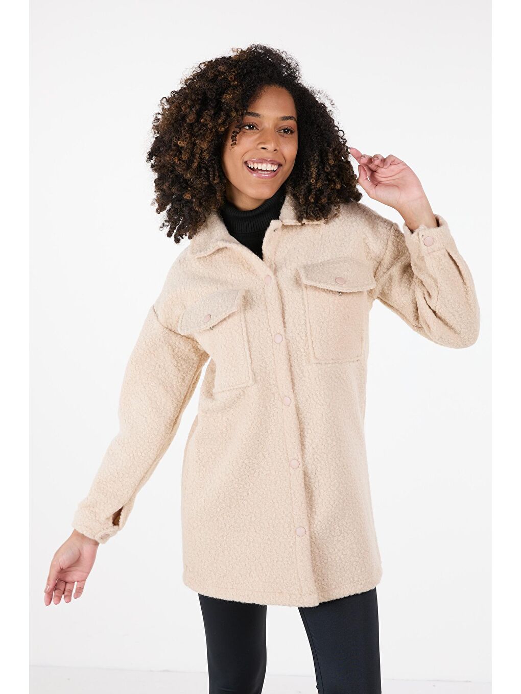 Gömlek Yaka Kadın Bej Kaşe Kaban - 23436