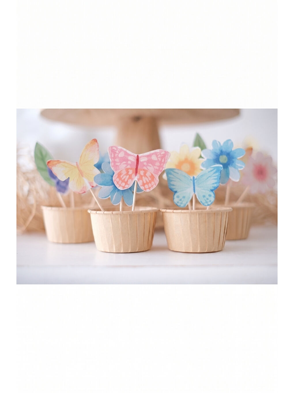 Karışık Çok Renkli Kelebek ve Çiçek Temalı 12'li Kürdan Pasta Süsü