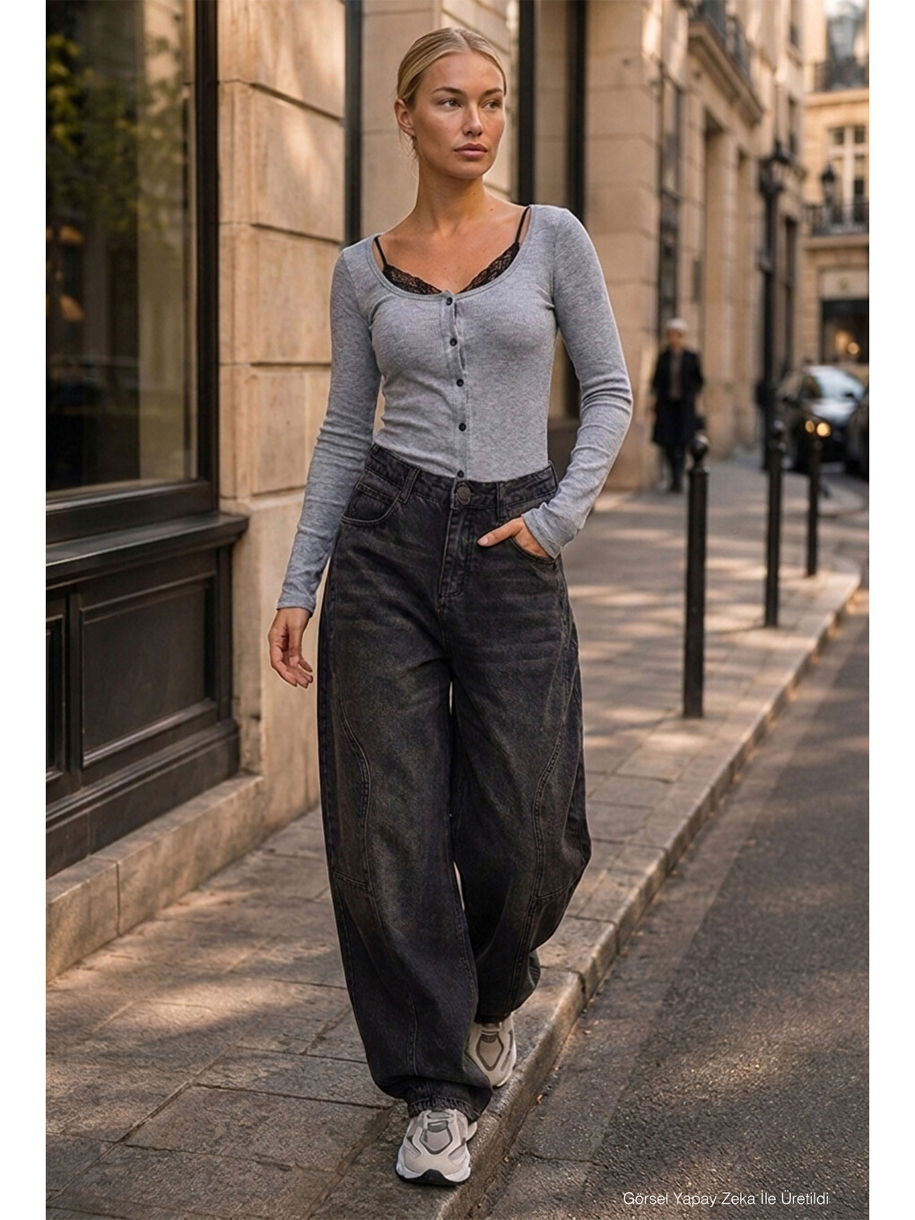 Gri Kadın Koyu Füme 2w6-1 Barrel Fit Kalp Jakron Detaylı Denim Jean-5