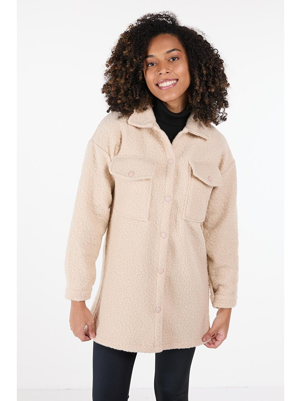 Gömlek Yaka Kadın Bej Kaşe Kaban - 23436-1