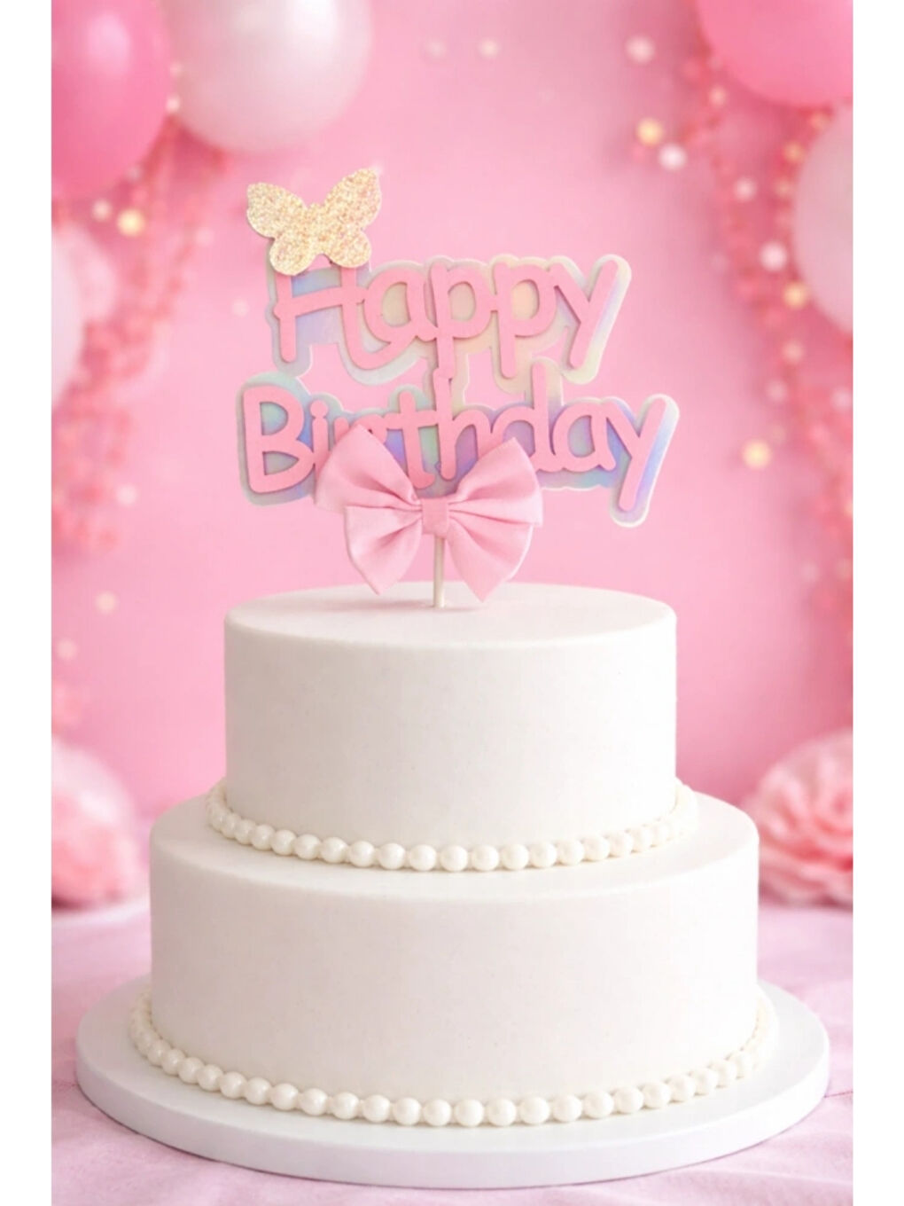 Pembe Fiyonk Detaylı Happy Birthday Pasta Süsü