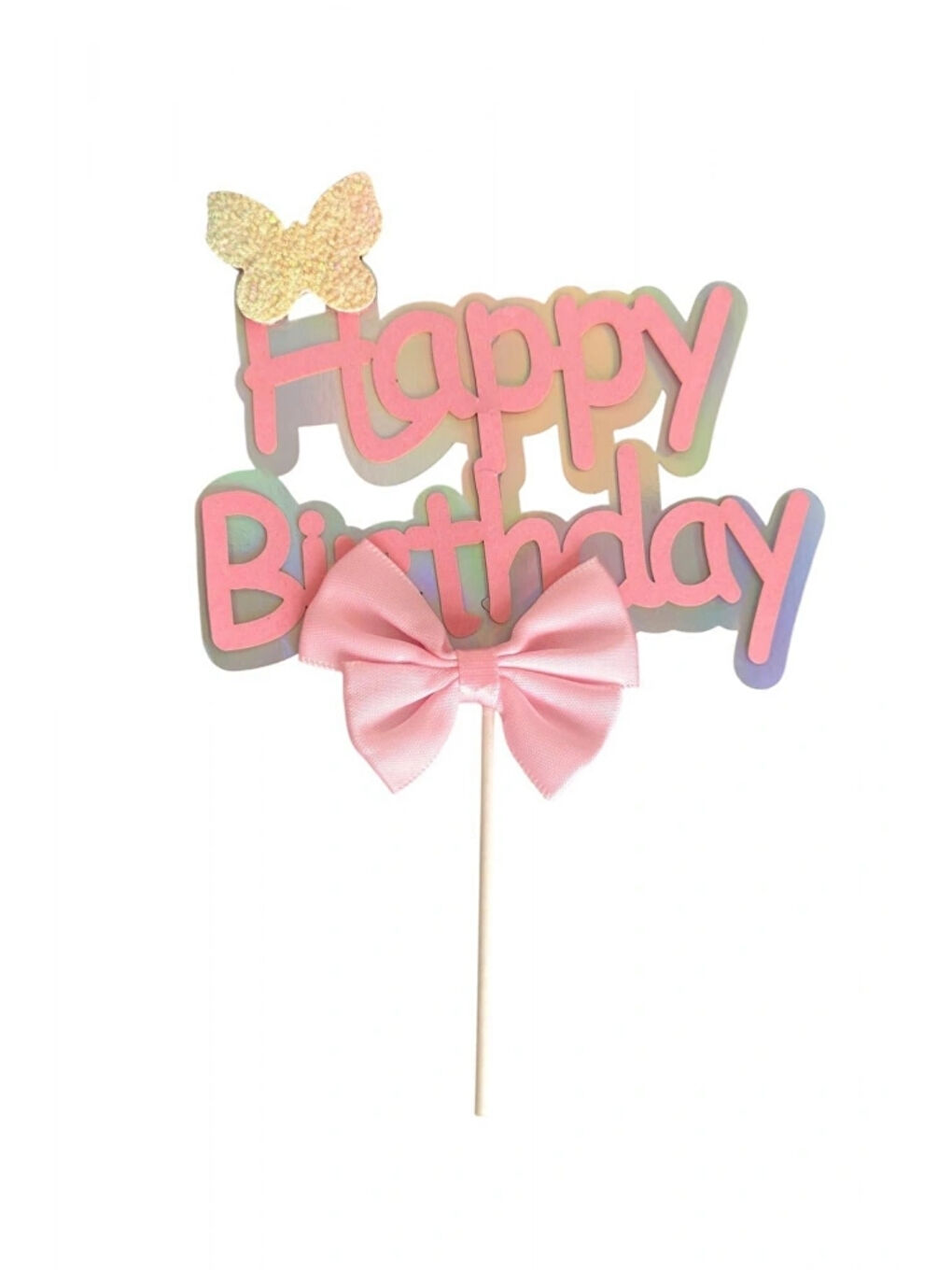 Pembe Fiyonk Detaylı Happy Birthday Pasta Süsü-1