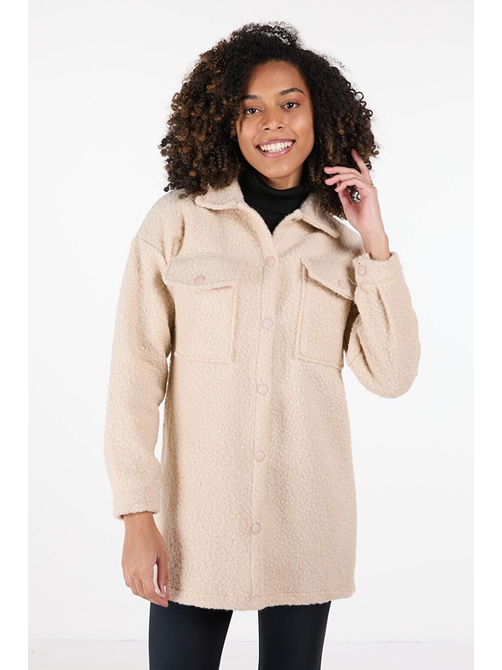 Gömlek Yaka Kadın Bej Kaşe Kaban - 23436-2