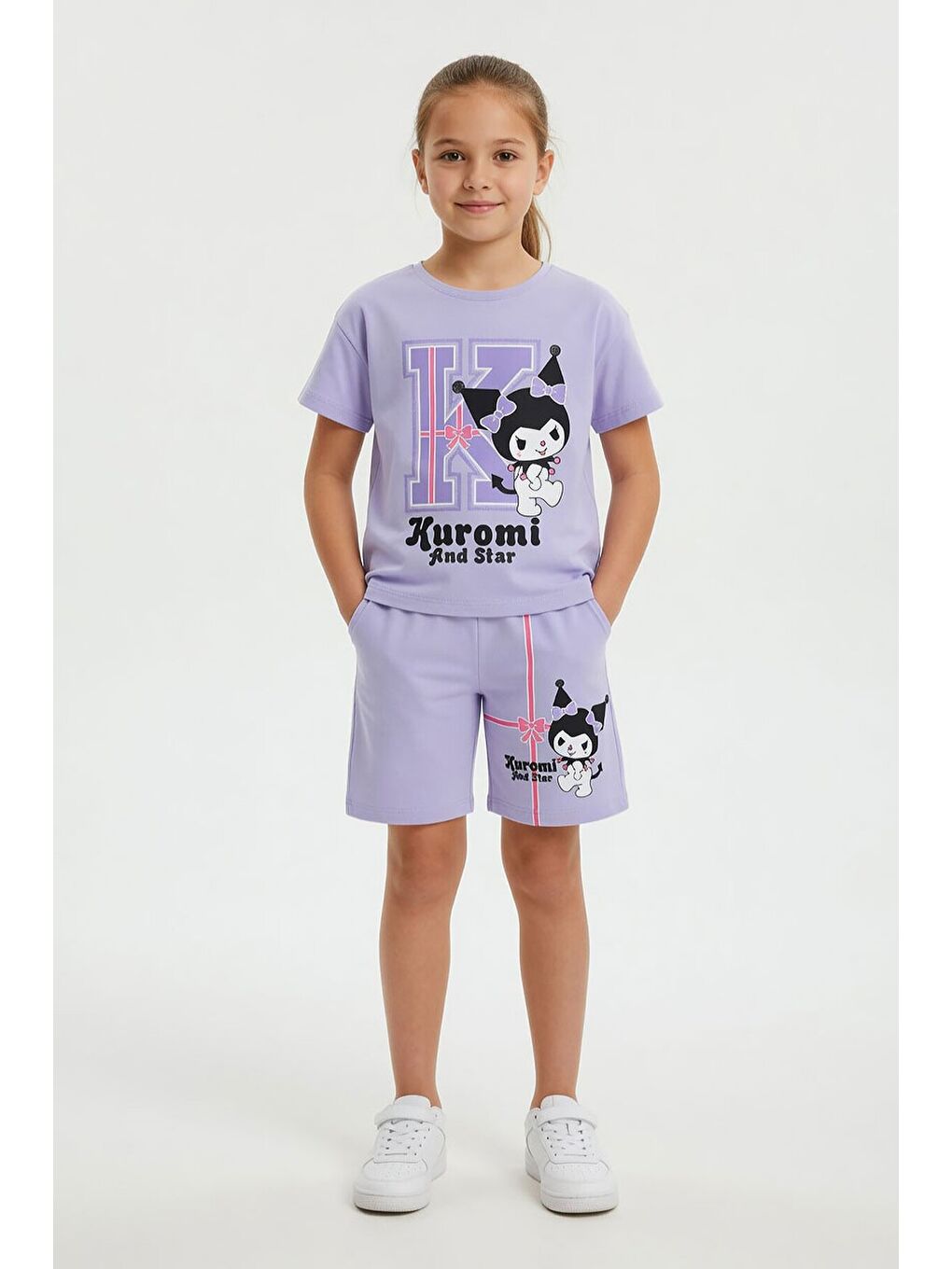 Lila Sevimli Tavşan Baskı Bisiklet Yaka Kız Çocuk Şortlu Takım 23946