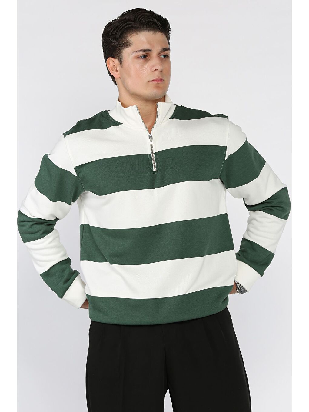 Yeşil Yarım Fermuarlı Renk Garnili Erkek Sweatshirt