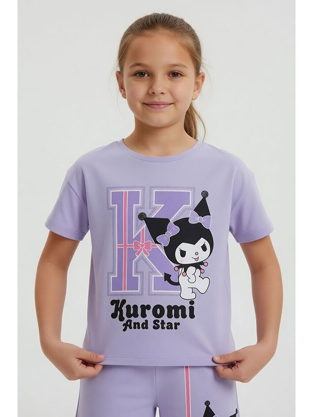Lila Sevimli Tavşan Baskı Bisiklet Yaka Kız Çocuk Şortlu Takım 23946-1