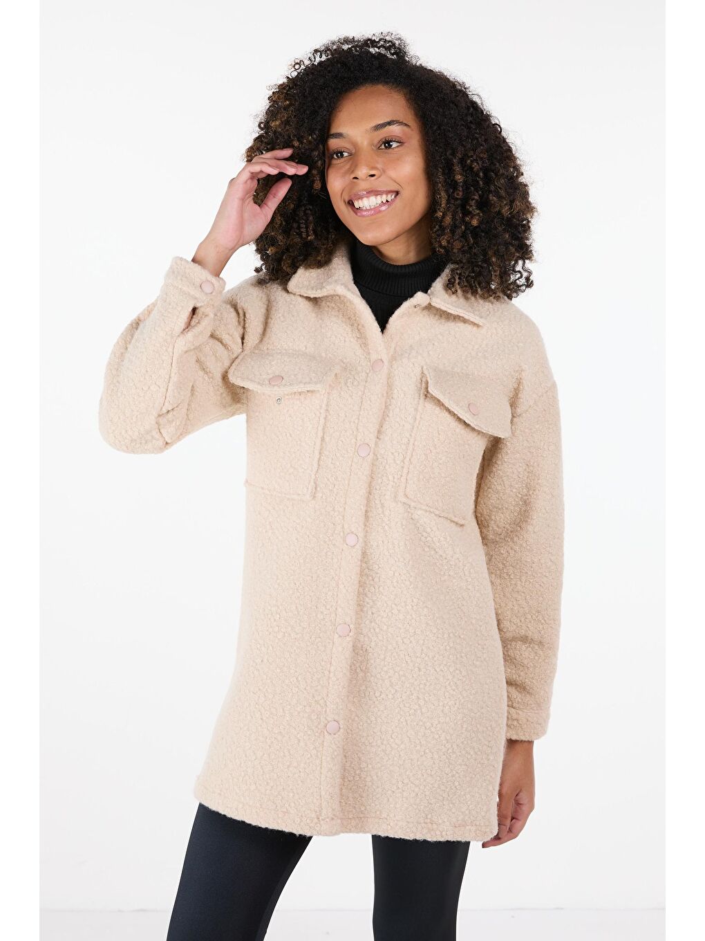 Gömlek Yaka Kadın Bej Kaşe Kaban - 23436-3