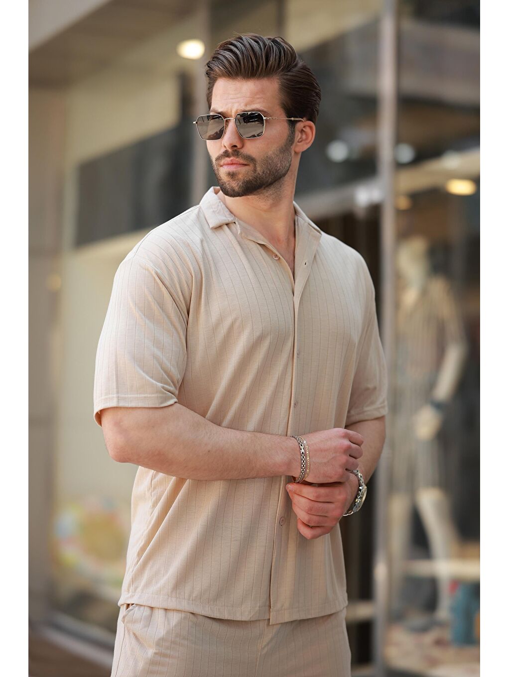 Bej Basic Erkek Gömlek Takım E7315-1