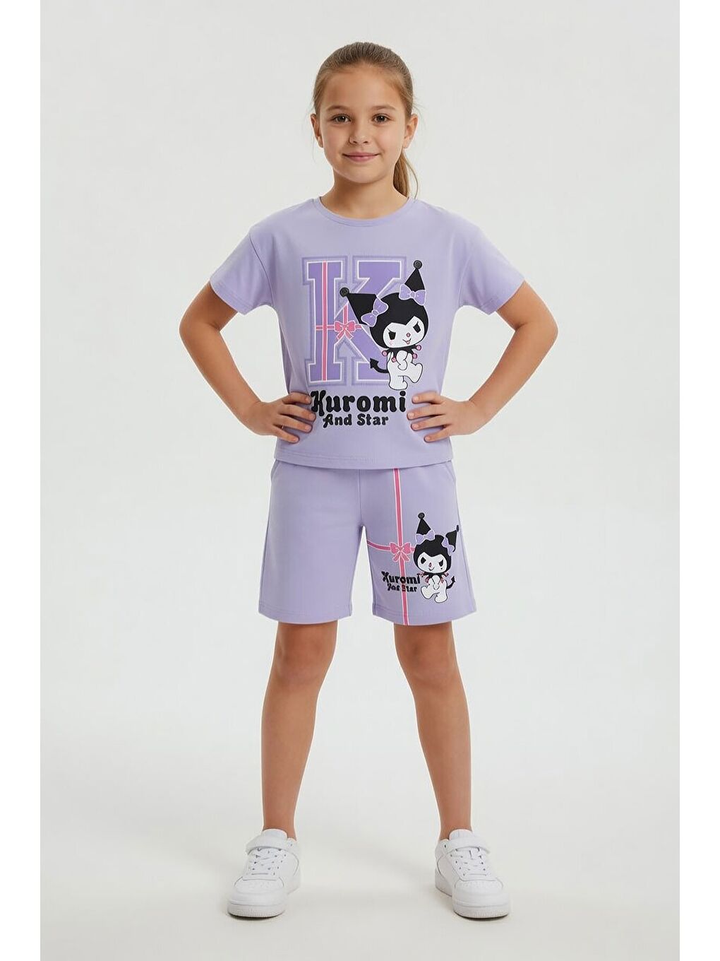 Lila Sevimli Tavşan Baskı Bisiklet Yaka Kız Çocuk Şortlu Takım 23946-2