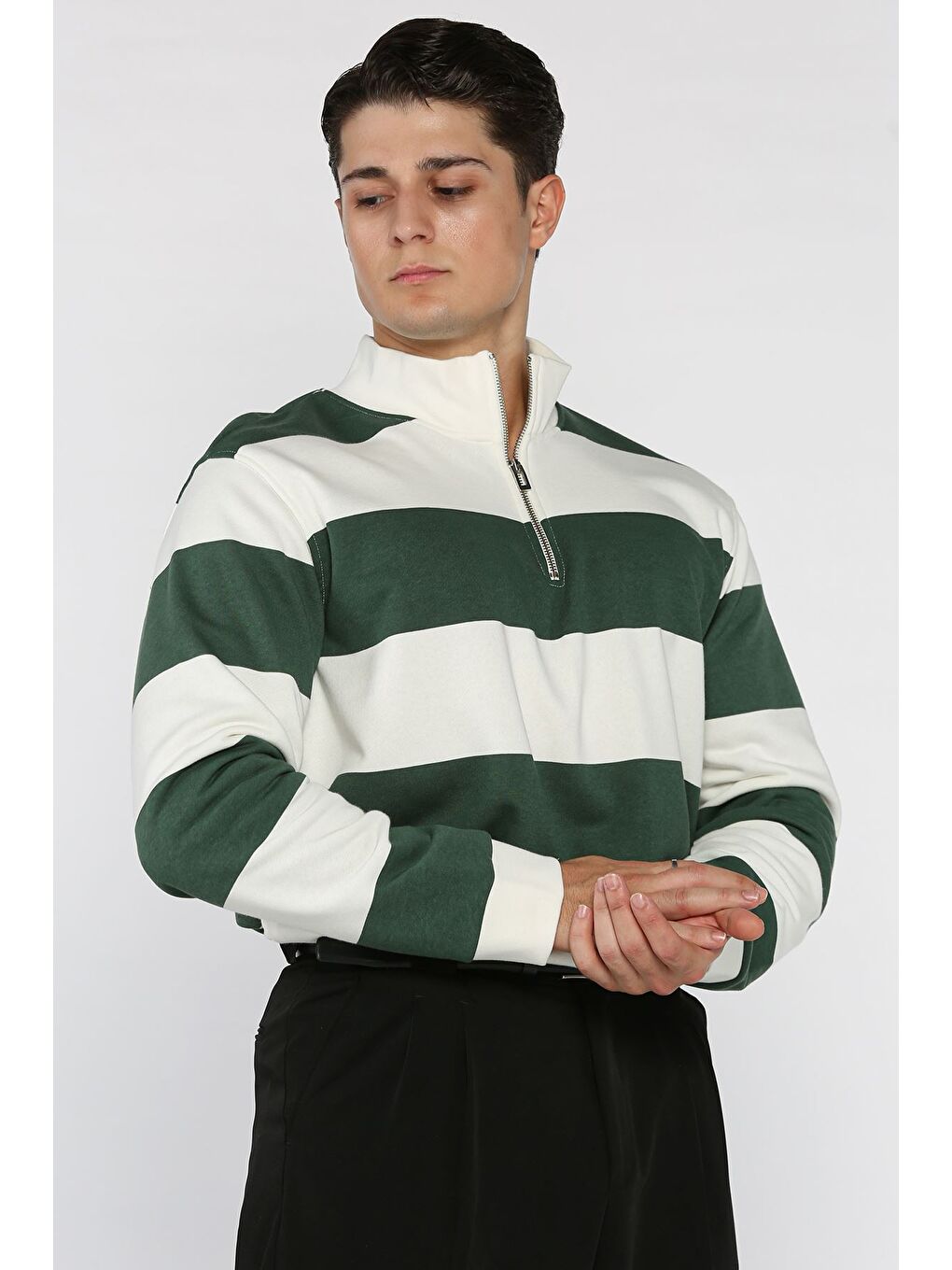 Yeşil Yarım Fermuarlı Renk Garnili Erkek Sweatshirt-2