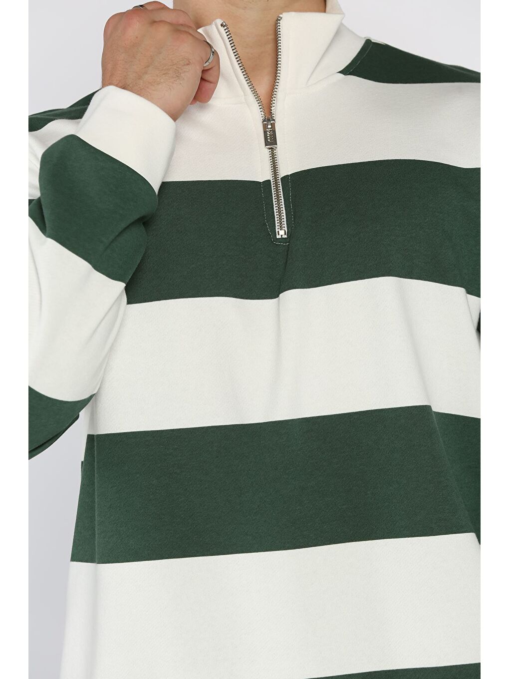 Yeşil Yarım Fermuarlı Renk Garnili Erkek Sweatshirt-4