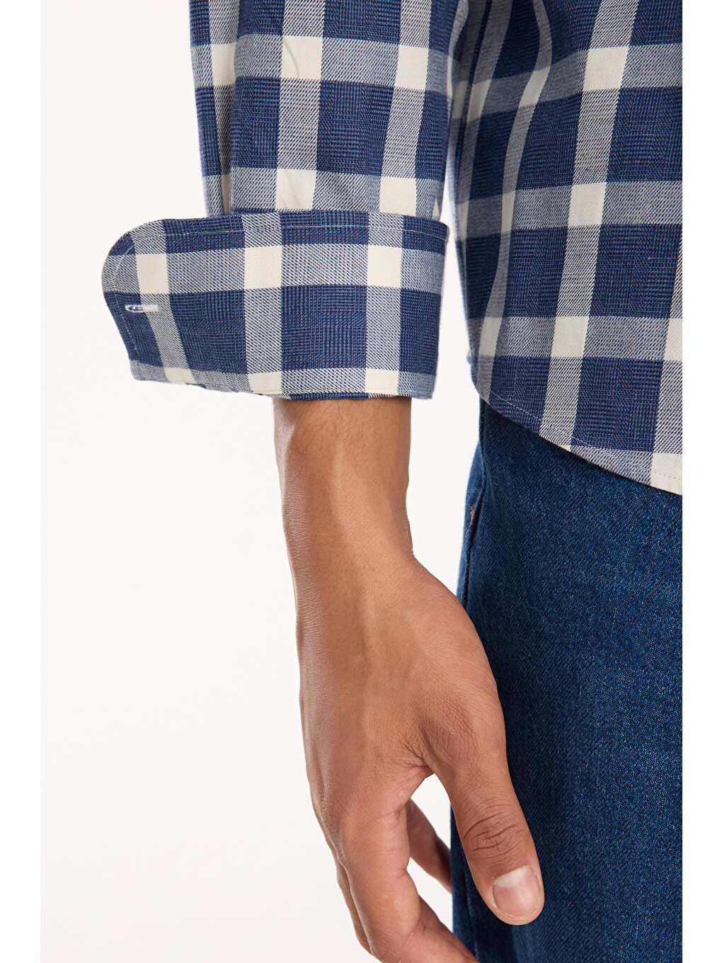 Rio Dokuma Pamuklu Oversize Fit Lacivert Klasik Yaka Erkek Kareli Gömlek-4