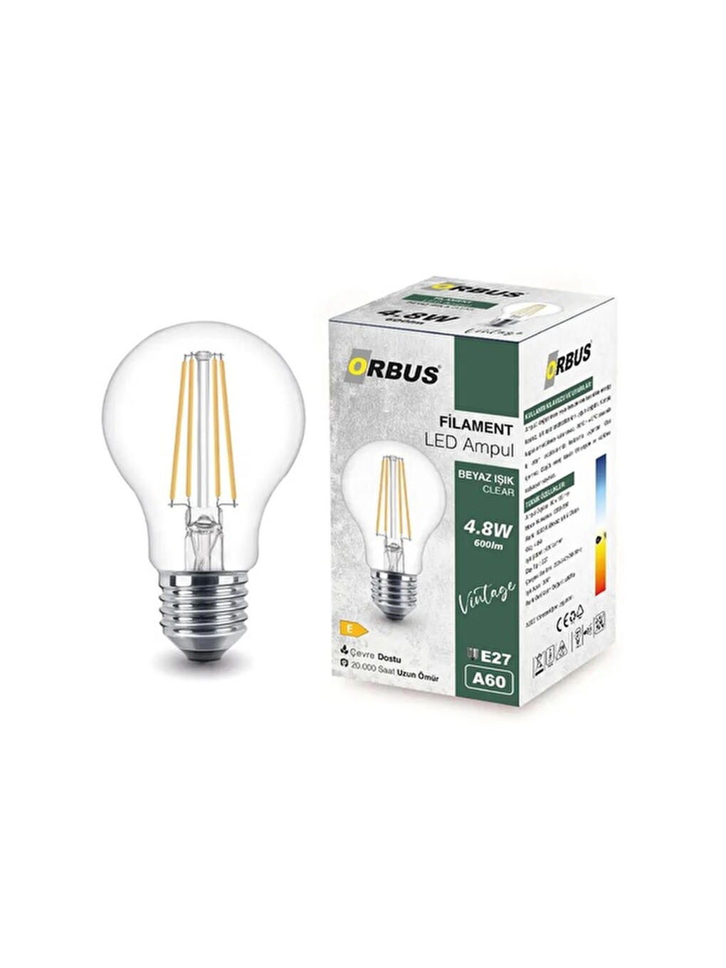 B60 4.8W Filament Bulb E27 600Lm Ampul - Beyaz Işık Clear
