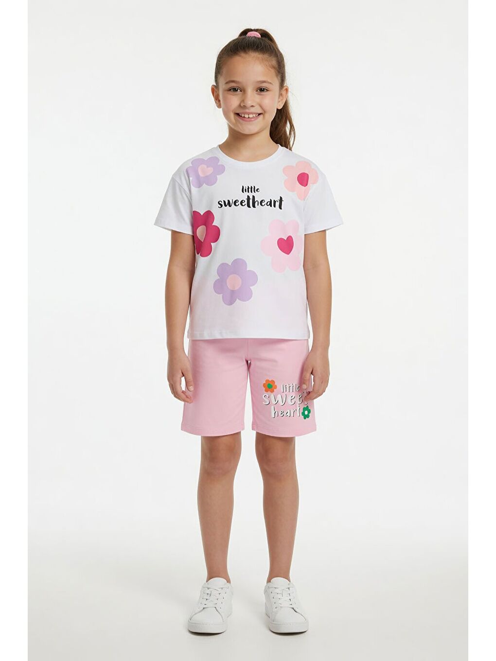 Pembe Çiçek Desenli Tişörtlü Kız Çocuk Şortlu 2 Takım 23848-1