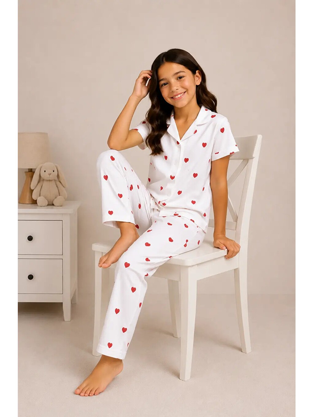 Beyaz Desenli Kız Çocuk Pijama Takımı 9928