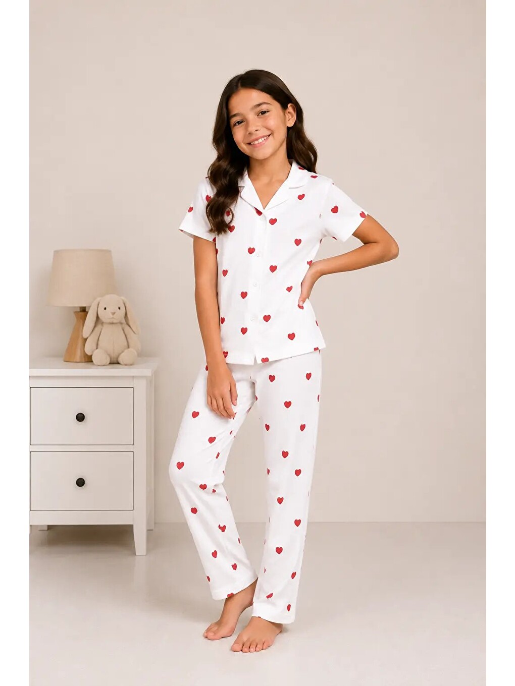 Beyaz Desenli Kız Çocuk Pijama Takımı 9928-3