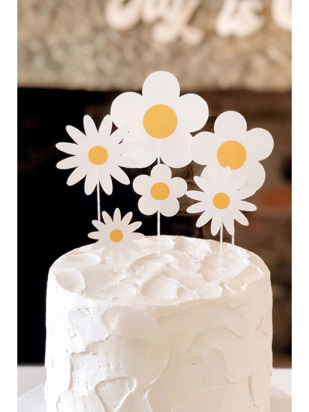 Beyaz 6'lı Papatya Figürlü Uzun Kürdan Pasta Süsü