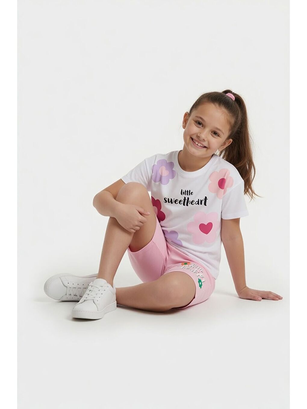 Pembe Çiçek Desenli Tişörtlü Kız Çocuk Şortlu 2 Takım 23848-3