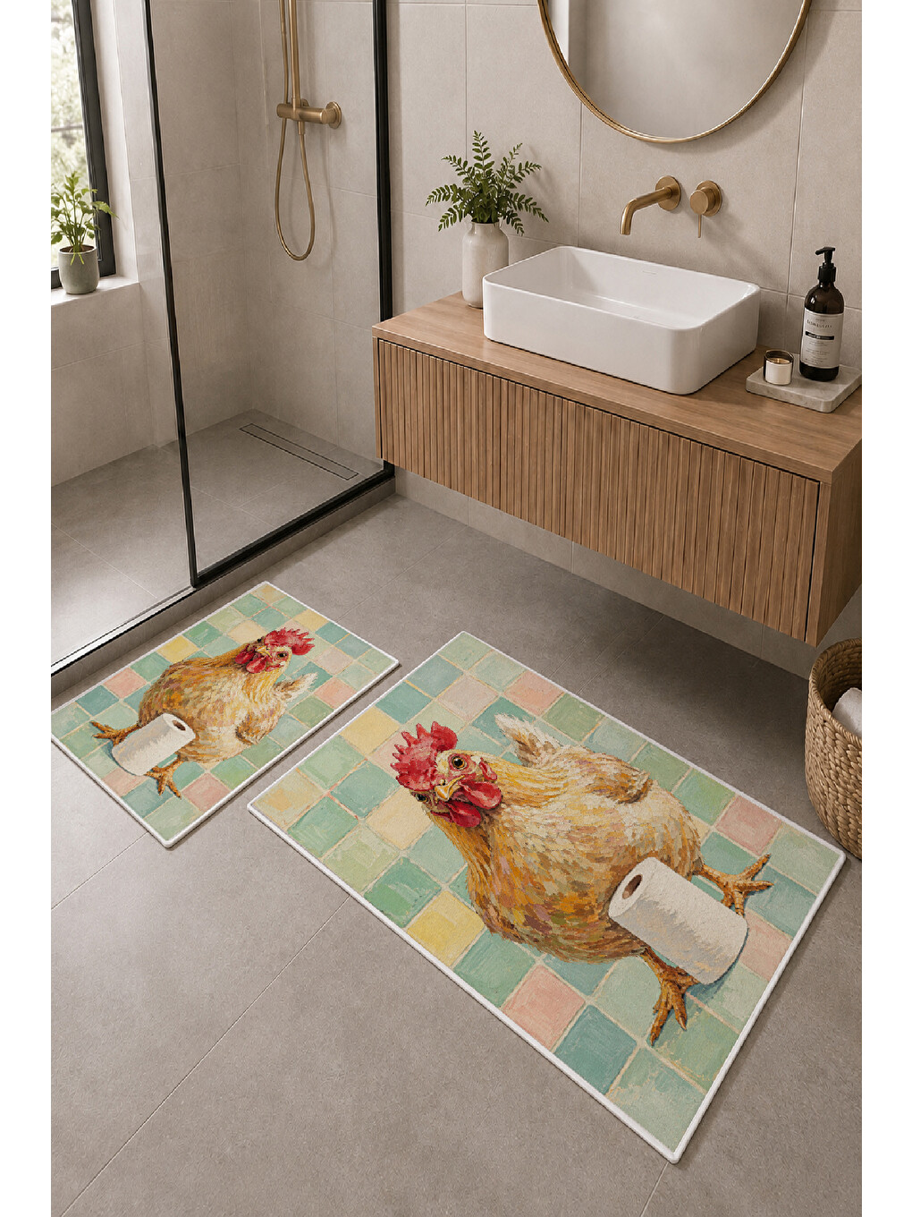 Bej Horoz Desenli Kaymaz Taban Banyo Paspası 2’li Set-1