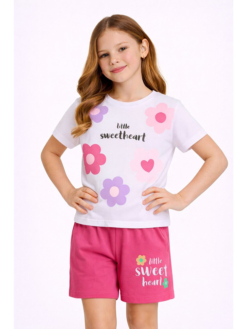 Fuşya Çiçek Desenli Tişörtlü Kız Çocuk Şortlu 2 Takım 23827-1