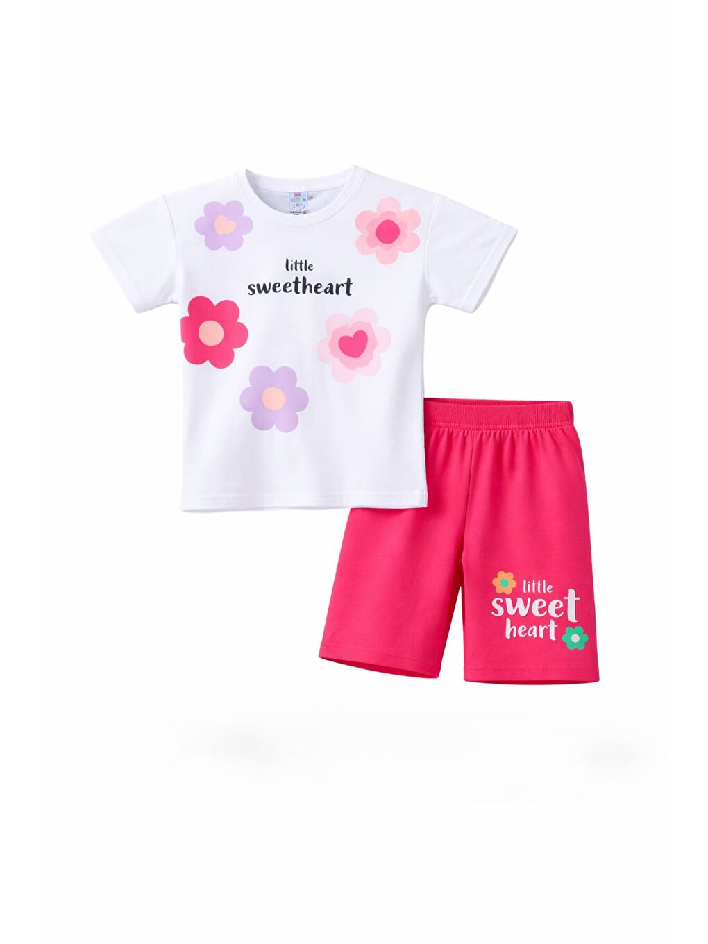 Fuşya Çiçek Desenli Tişörtlü Kız Çocuk Şortlu 2 Takım 23827-4