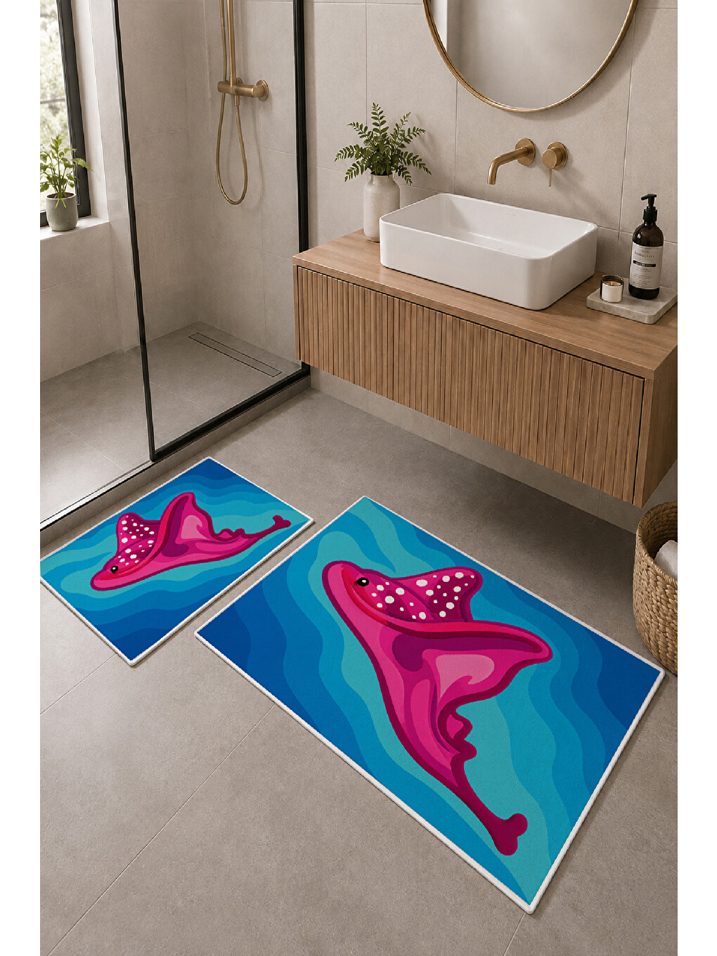 Fuşya Mavi Desenli Kaymaz Taban Banyo Paspası 2’li Set-1