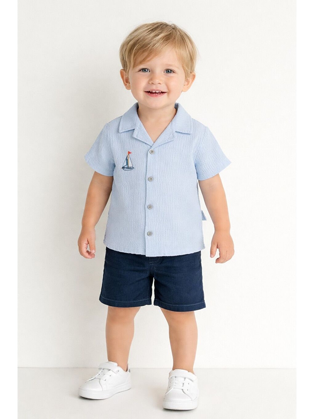 Mavi Gömlek Yelken Desenli Belden Ayarlanabilir Kısa Kollu Şortlu 3'lü Takım-1