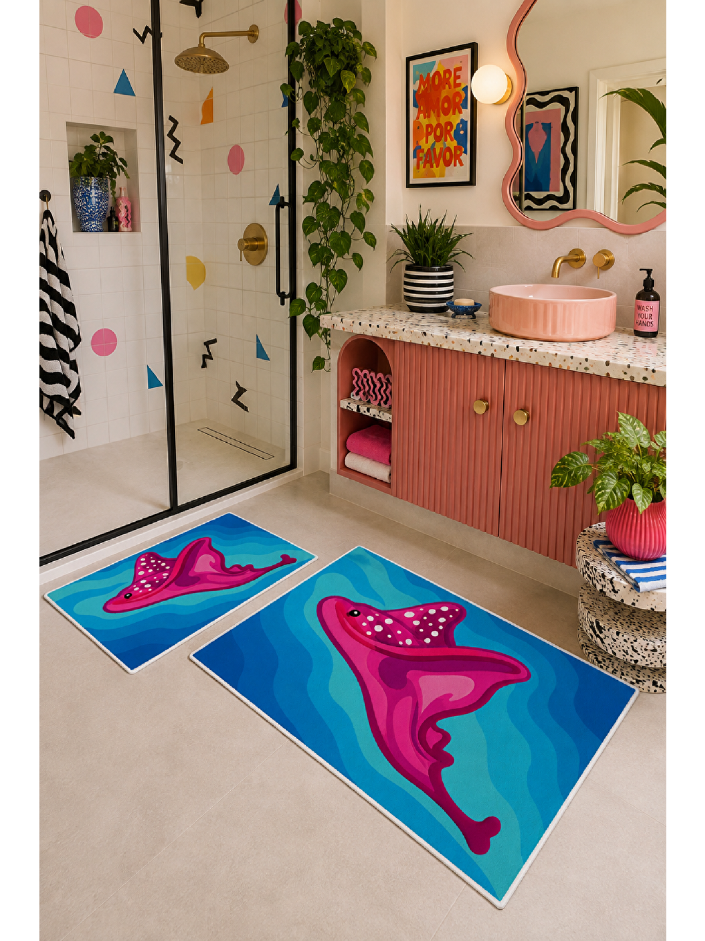 Fuşya Mavi Desenli Kaymaz Taban Banyo Paspası 2’li Set-2