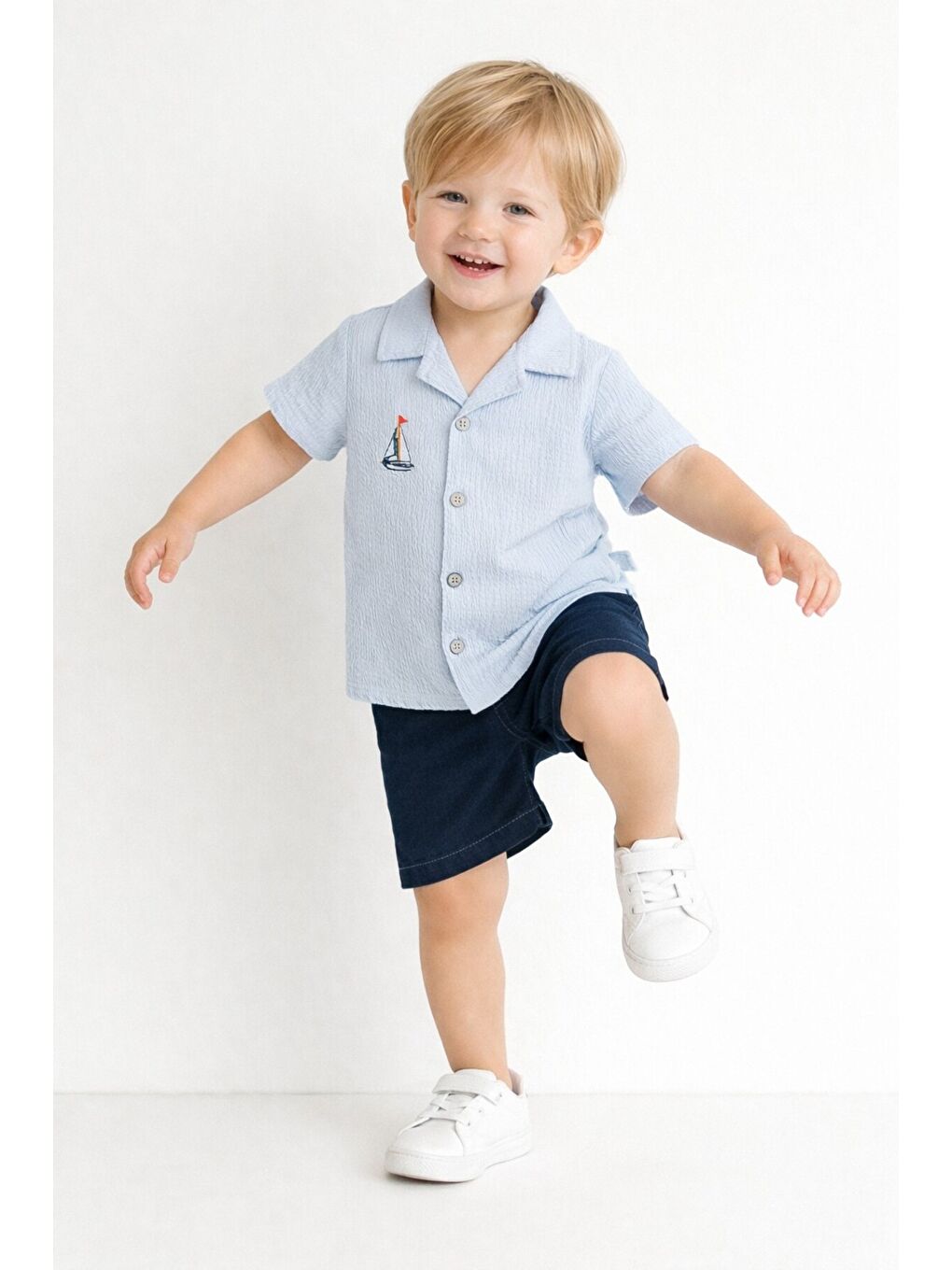 Mavi Gömlek Yelken Desenli Belden Ayarlanabilir Kısa Kollu Şortlu 3'lü Takım-2