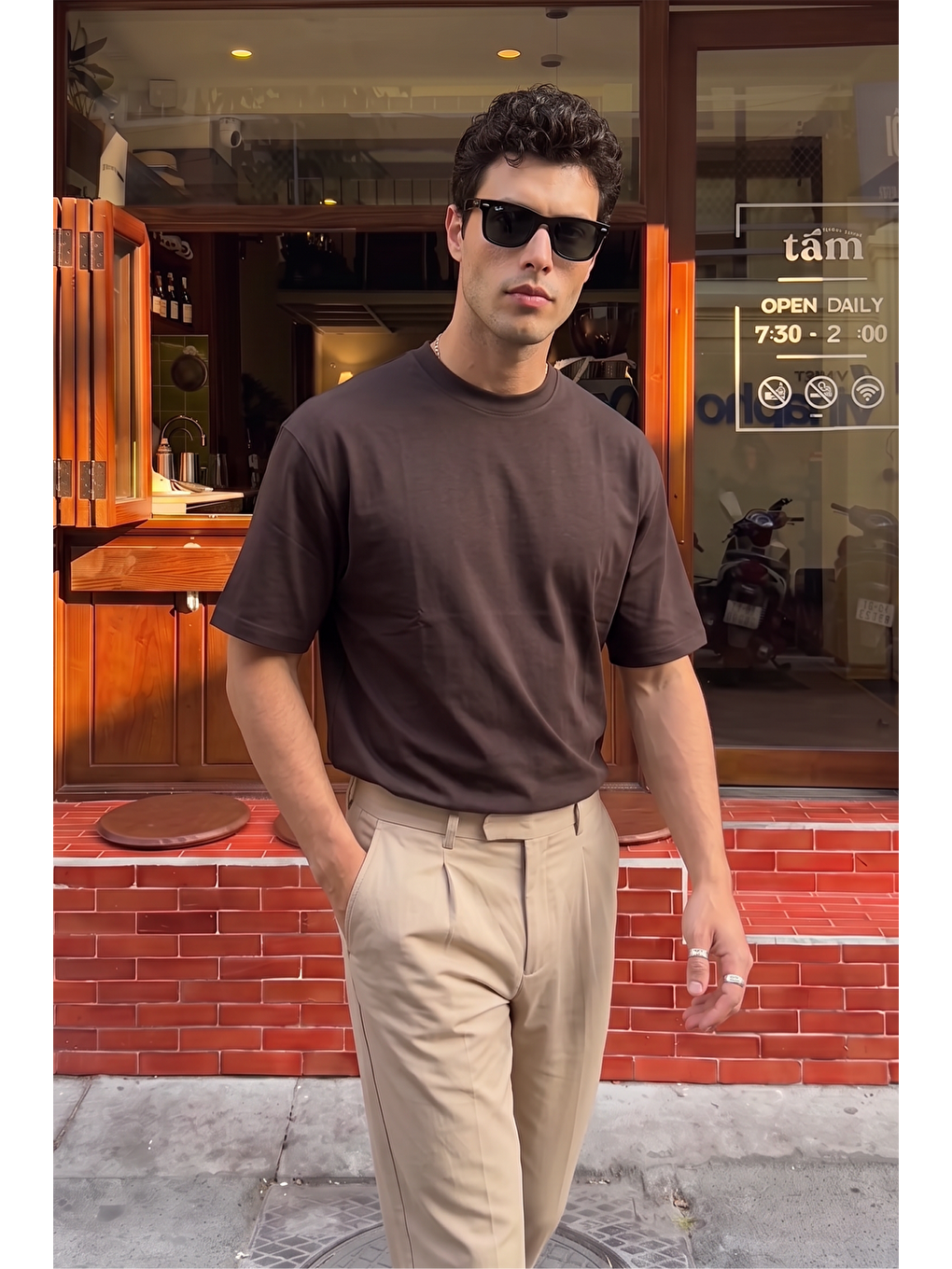Kahverengi Bari Premium %100 Pamuk Oversize Basic Bisiklet Yaka Erkek Tişört-5