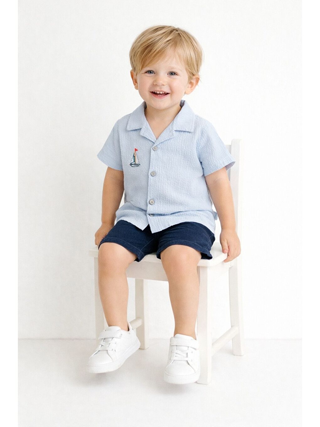 Mavi Gömlek Yelken Desenli Belden Ayarlanabilir Kısa Kollu Şortlu 3'lü Takım-3